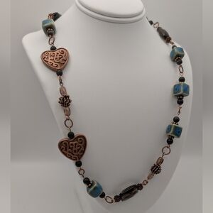 Handmade Smokey Quartz, Ceramic, Czech Glass, Copper Heart Charm Necklace